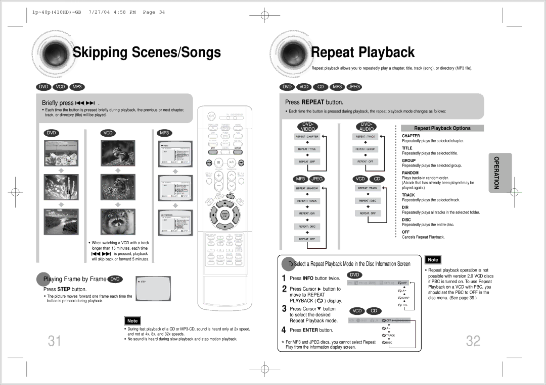 Samsung HT-410HD Skipping Scenes/Songs, Repeat Playback, Briefly press, Press Repeat button, Playing Frame by Frame DVD 