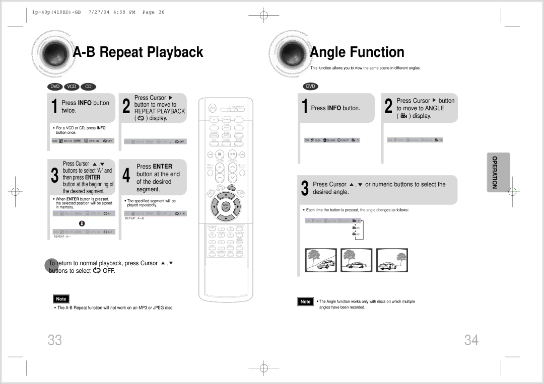 Samsung HT-410HD instruction manual Repeat Playback Angle Function, Press Info button twice, Press Enter, Desired, Segment 