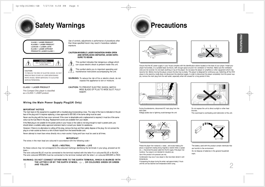 Samsung HT-410HD instruction manual Safety Warnings Precautions, Class 1 Laser Product 