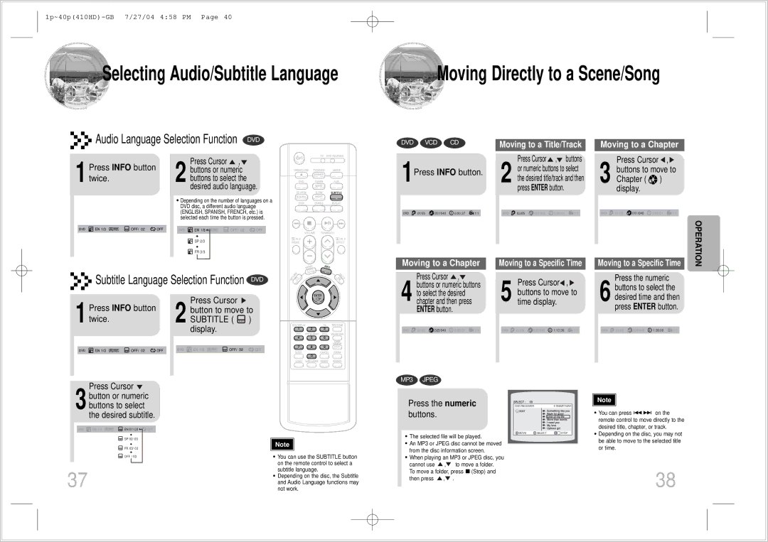 Samsung HT-410HD 1Press Info button, Press the numeric buttons, Press Cursor , 3 buttons to move to Chapter display 