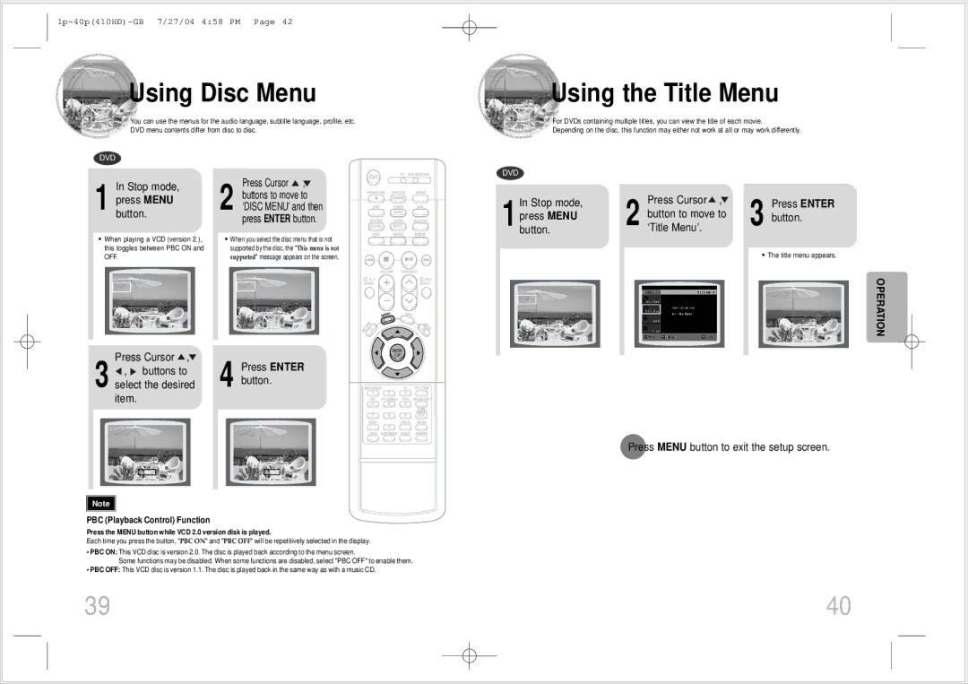 Samsung HT-410HD Using Disc Menu, Using the Title Menu, Stop mode Press Menu button, Select the desired item 