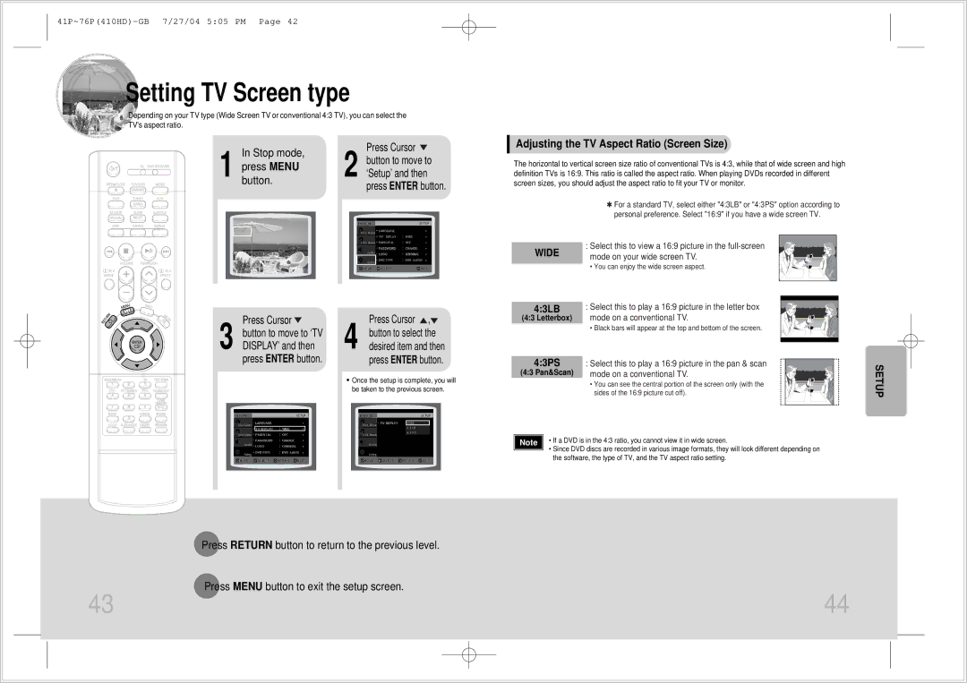 Samsung HT-410HD instruction manual Adjusting the TV Aspect Ratio Screen Size, Letterbox, 43 Pan&Scan 