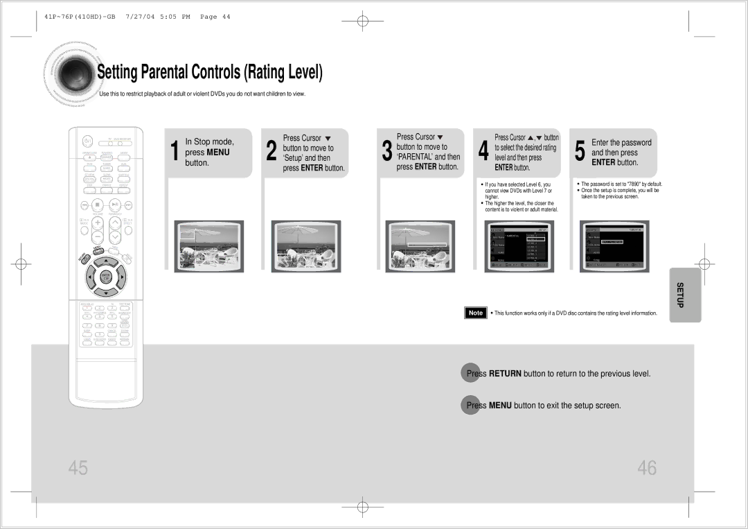 Samsung HT-410HD instruction manual Setting Parental Controls Rating Level, Enter the password Then press Enter button 