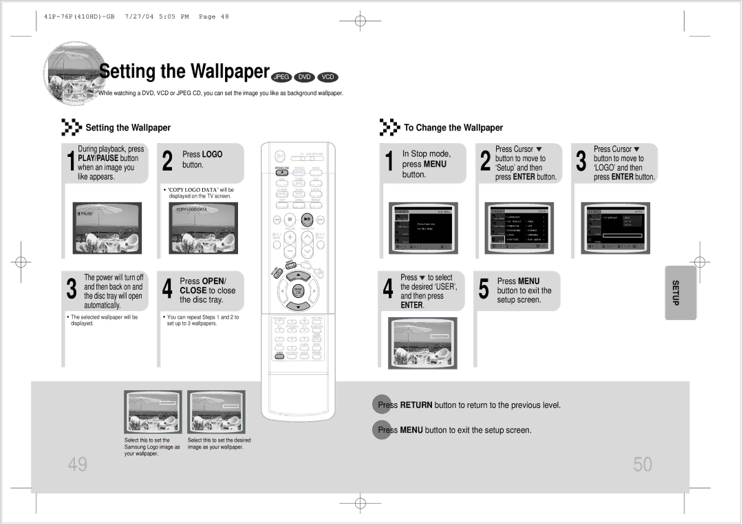 Samsung HT-410HD instruction manual Setting the Wallpaper Jpeg DVD VCD, Setting the Wallpaper To Change the Wallpaper 