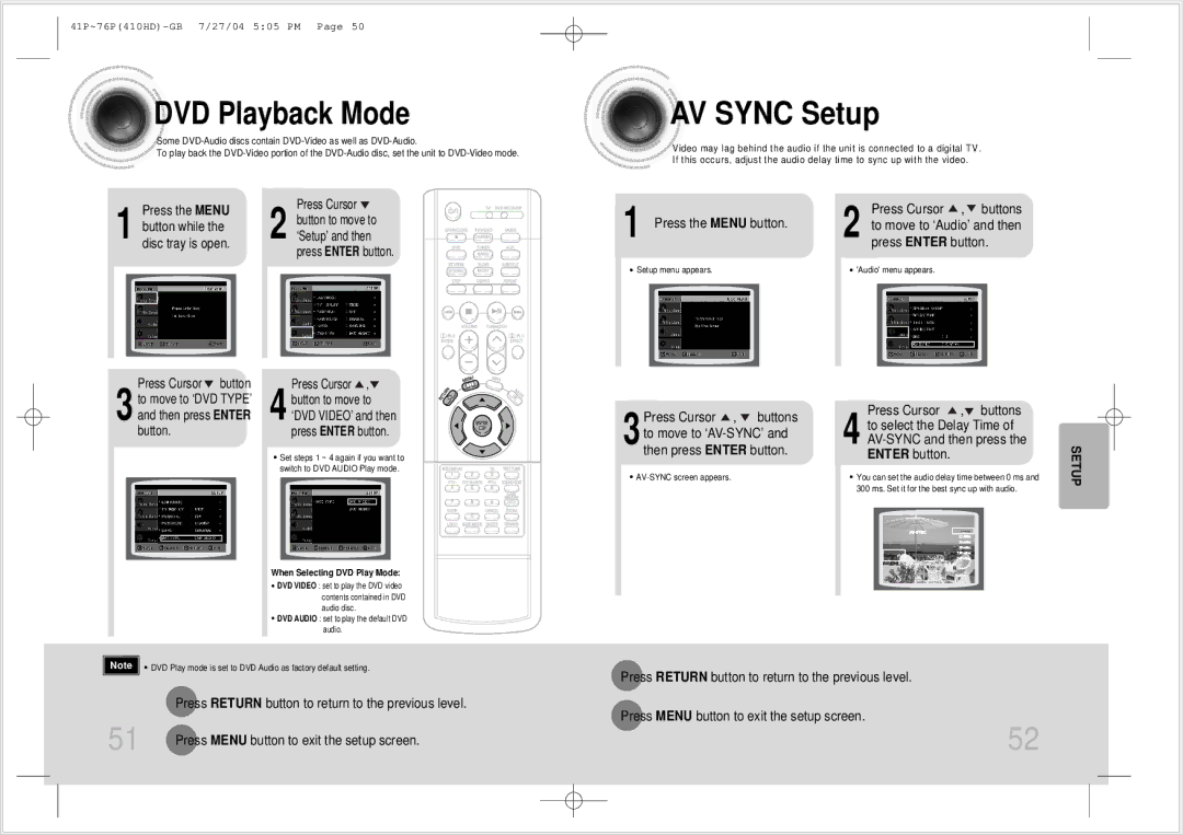 Samsung HT-410HD instruction manual AV Sync Setup, DVD Playback Mode, Press the Menu button Press Cursor , buttons 