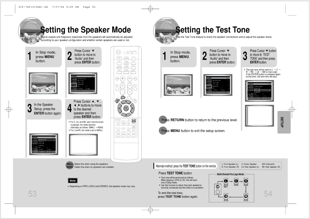 Samsung HT-410HD Setting the Speaker Mode, Setting the Test Tone, Stop mode, press Menu button, Press Test Tone button 