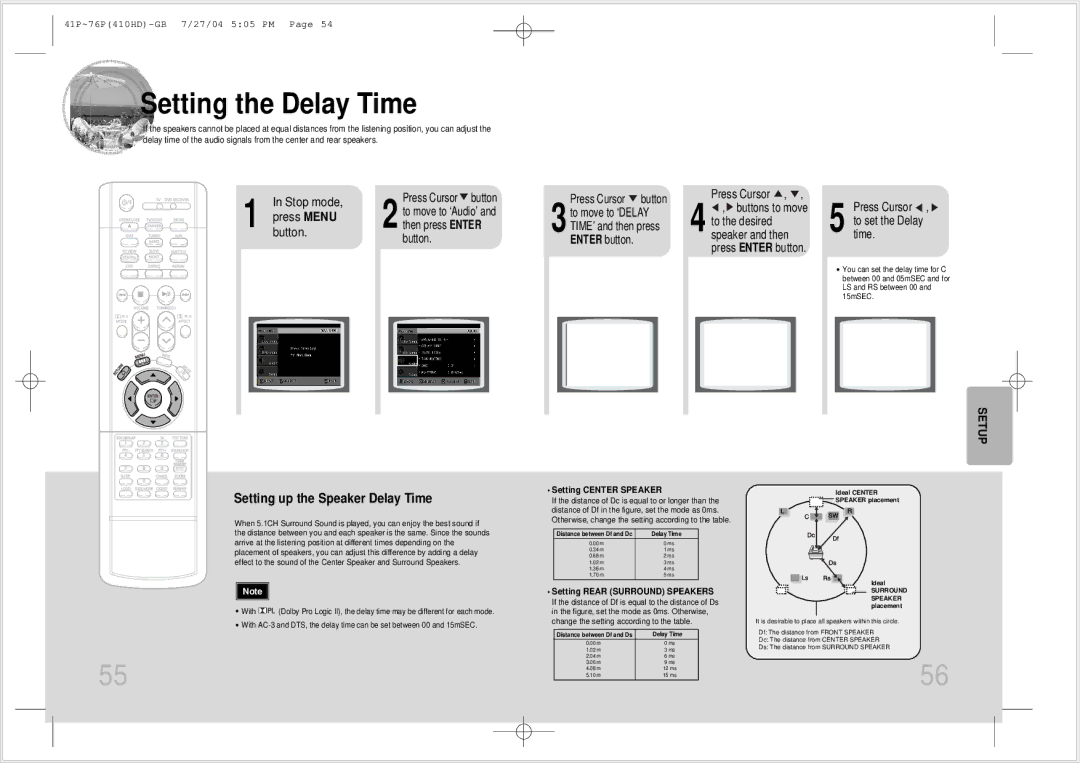 Samsung HT-410HD Setting the Delay Time, Setting up the Speaker Delay Time, Press Cursor button, Then press Enter 