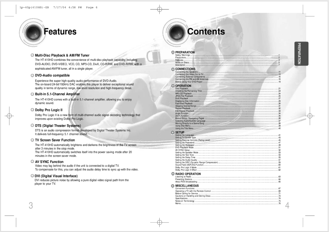 Samsung HT-410HD instruction manual Contents 