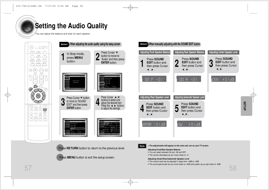 Samsung HT-410HD instruction manual Setting the Audio Quality, Press Sound Edit button and then press Cursor, Enter button 