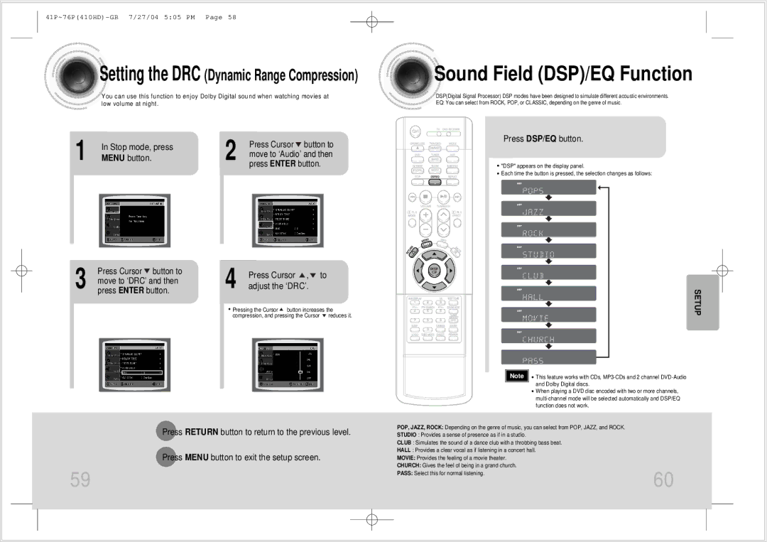 Samsung HT-410HD instruction manual Sound Field DSP/EQ Function, Stop mode, press, Menu button, Press DSP/EQ button 