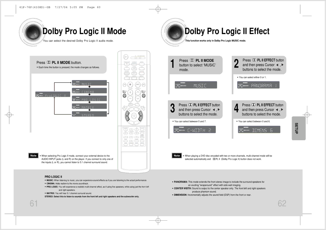 Samsung HT-410HD instruction manual Dolby Pro Logic II Mode, Dolby Pro Logic II Effect, Press PL II Mode button 