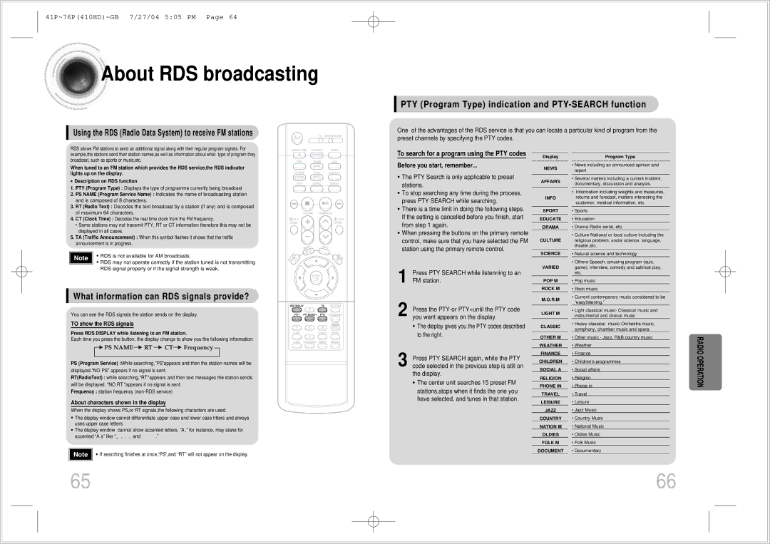 Samsung HT-410HD instruction manual About RDS broadcasting, PTY Program Type indication and PTY-SEARCH function 