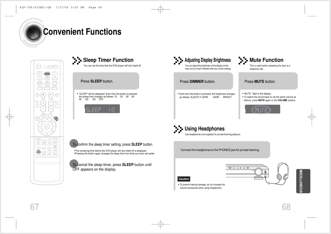 Samsung HT-410HD instruction manual Convenient Functions, Press Sleep button, Press Dimmer button, Press Mute button 