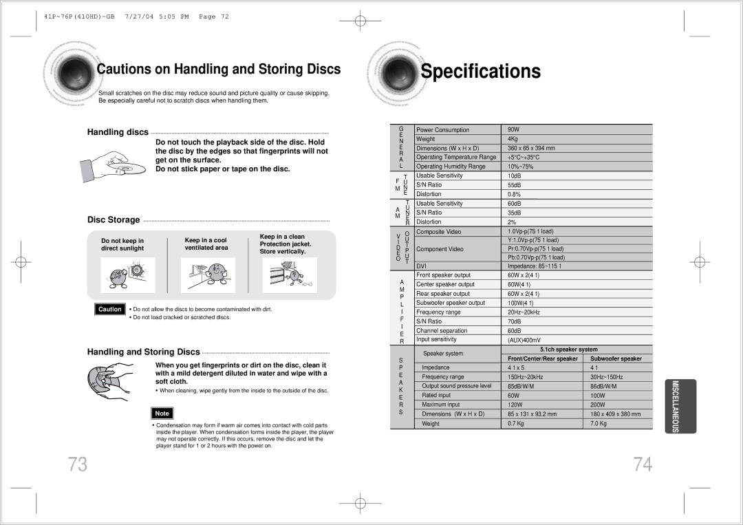 Samsung HT-410HD instruction manual Specifications, Handling discs, Disc Storage, Handling and Storing Discs 