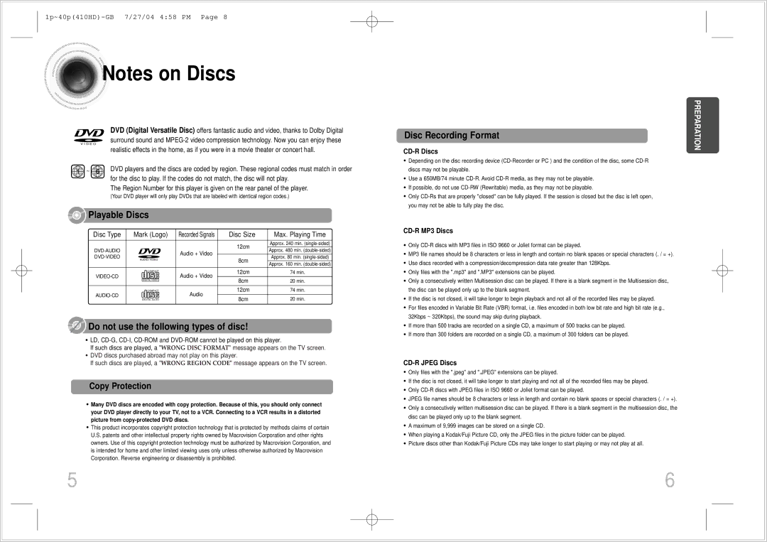 Samsung HT-410HD Playable Discs, Do not use the following types of disc, Disc Recording Format, Copy Protection 