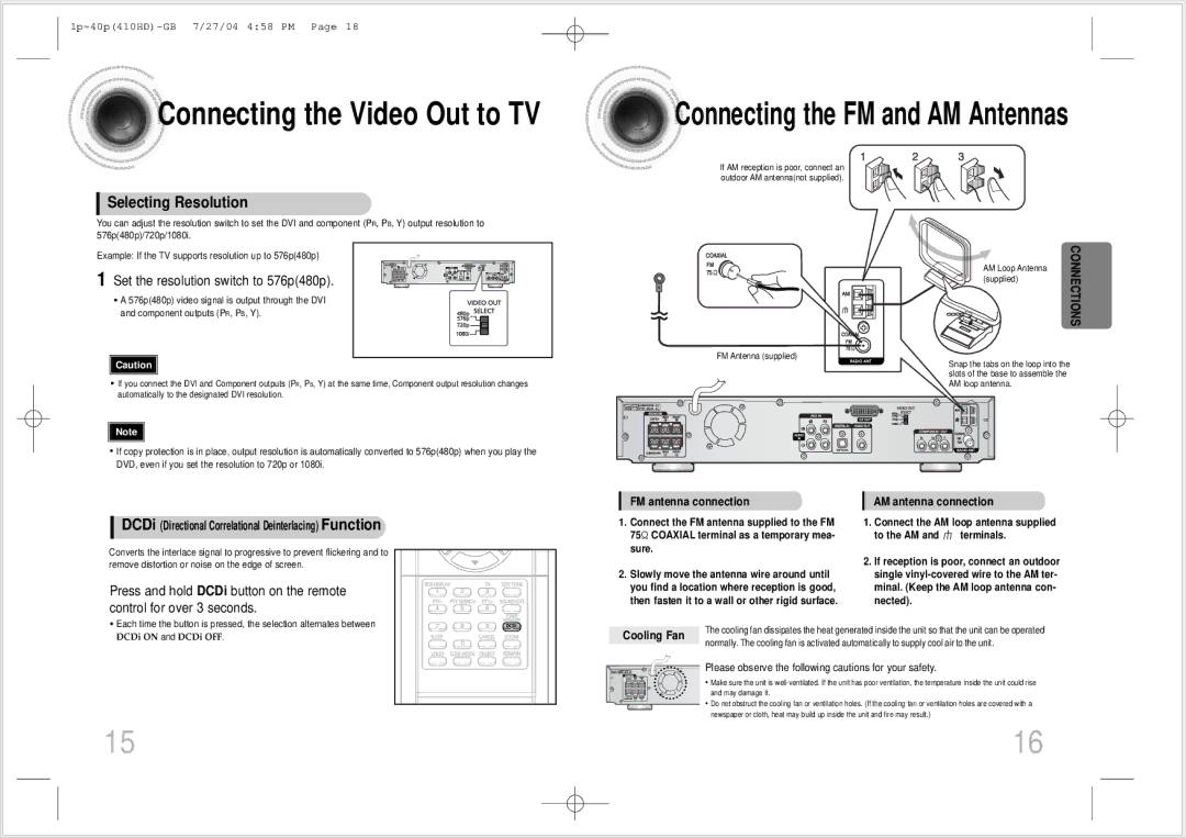 Samsung HT-410HD Selecting Resolution, Set the resolution switch to 576p480p, FM antenna connection, AM antenna connection 