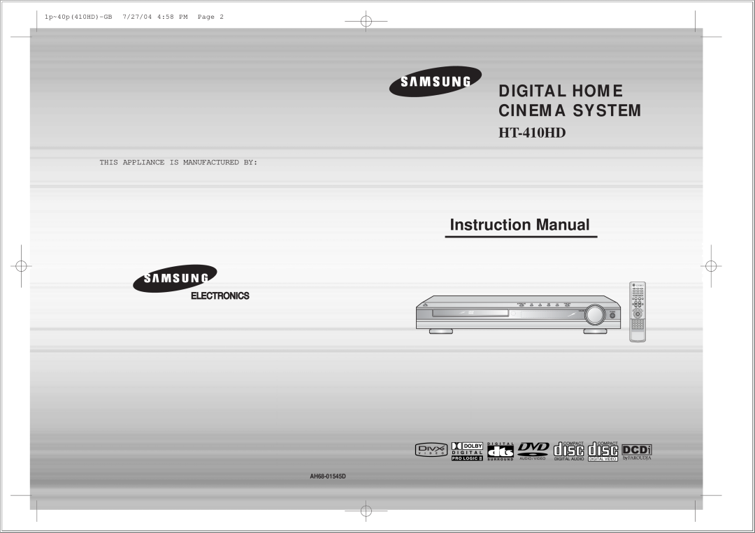 Samsung HT-410HD instruction manual 1p~40p410HD-GB7/27/04 4 58 PM Page, Digital Home Cinema System 