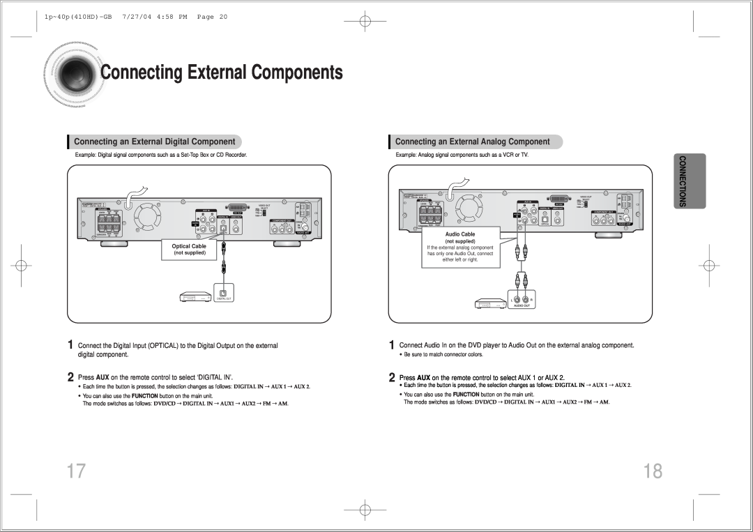 Samsung HT-410HD instruction manual Connecting External Components, Connecting an External Digital Component, Connections 