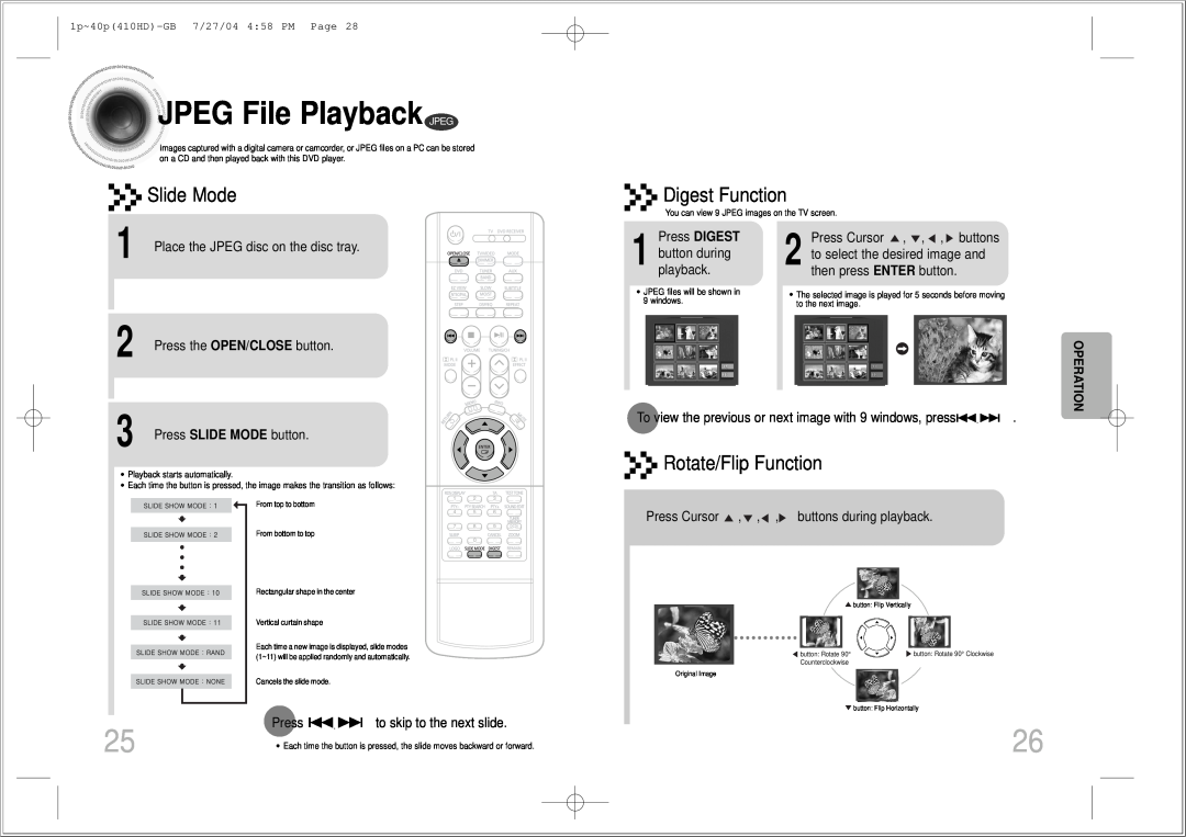 Samsung HT-410HD instruction manual JPEG File Playback JPEG, Slide Mode, Digest Function, Rotate/Flip Function, Operation 