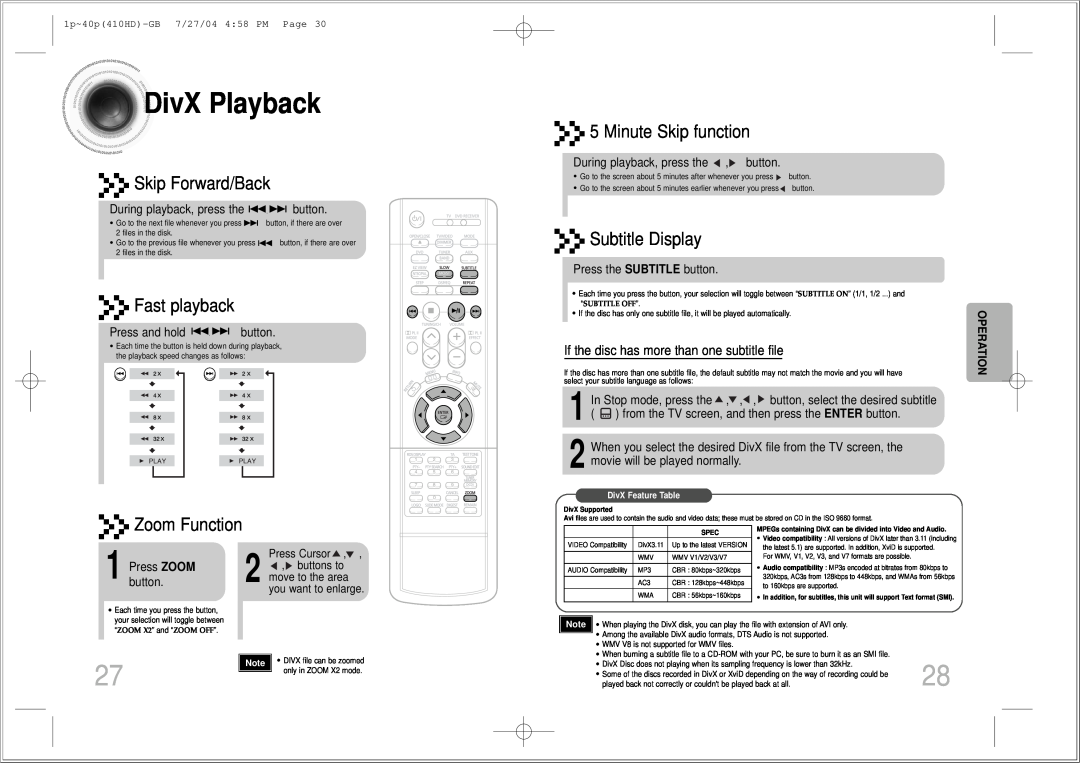 Samsung HT-410HD DivXPlayback, Skip Forward/Back, Fast playback, Zoom Function, Minute Skip function, Subtitle Display 