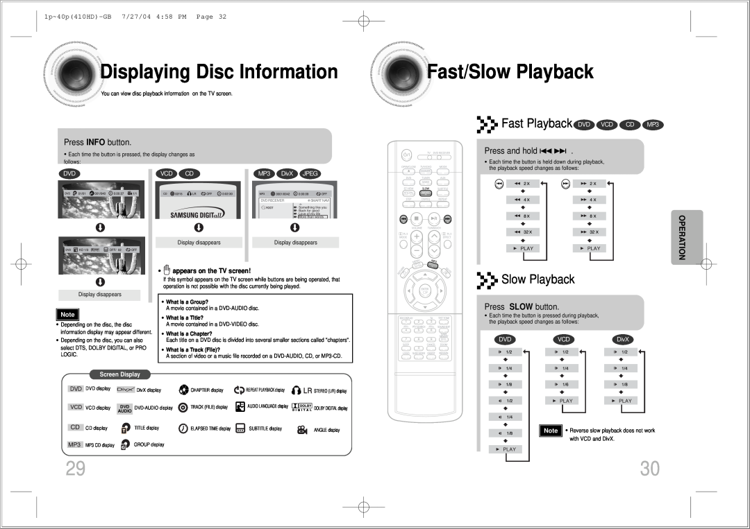 Samsung HT-410HD DisplayingDisc Information, Fast/Slow Playback, Fast Playback DVD VCD CD MP3, Press INFO button, MP3 DivX 