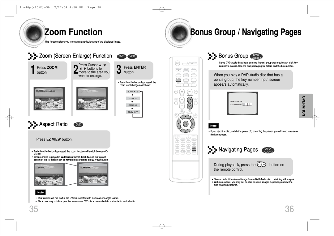 Samsung HT-410HD ZoomFunction, BonusGroup / Navigating Pages, Zoom Screen Enlarge Function, Bonus Group DVD, Dvd Vcd 