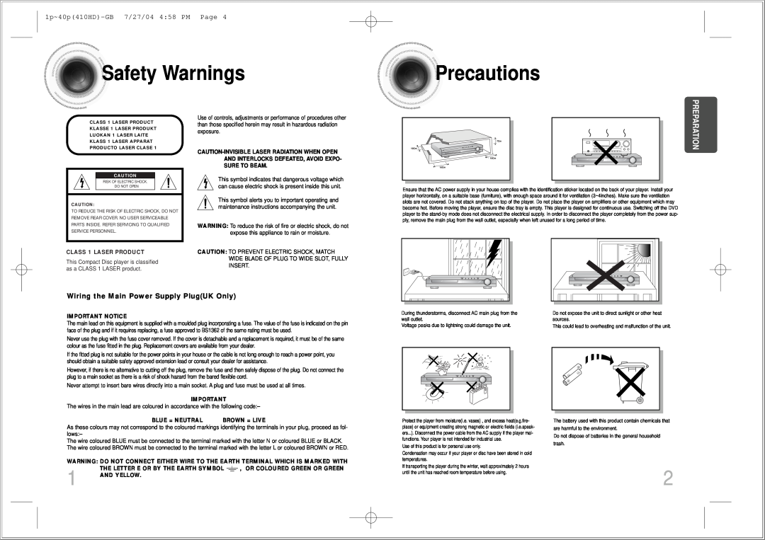 Samsung HT-410HD SafetyWarnings, Precautions, Preparation, 1p~40p410HD-GB7/27/04 4 58 PM Page, CLASS 1 LASER PRODUCT 