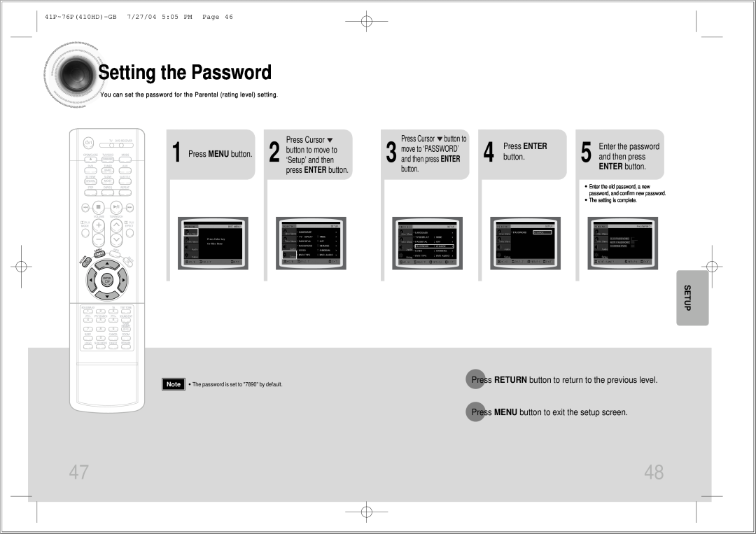 Samsung HT-410HD Setting the Password, Press MENU button, ‘Setup’ and then, Press ENTER button, Press Cursor 