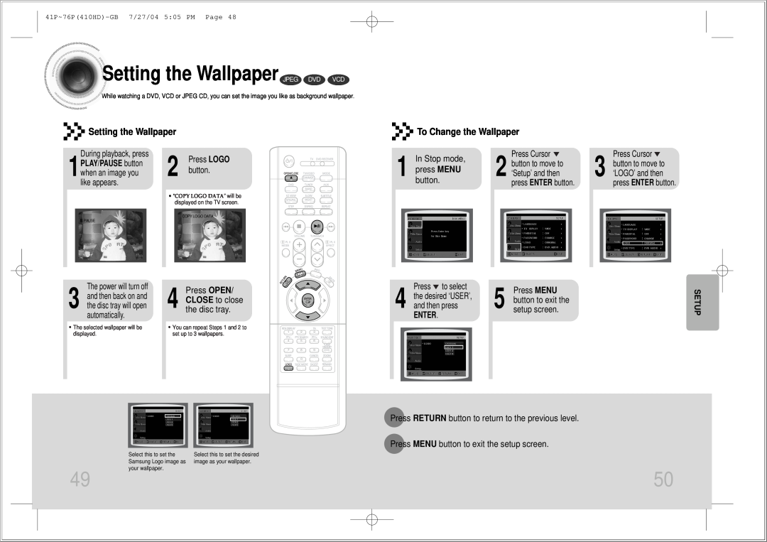 Samsung HT-410HD Setting the Wallpaper JPEG DVD VCD, To Change the Wallpaper, press MENU, button, Press MENU, setup screen 