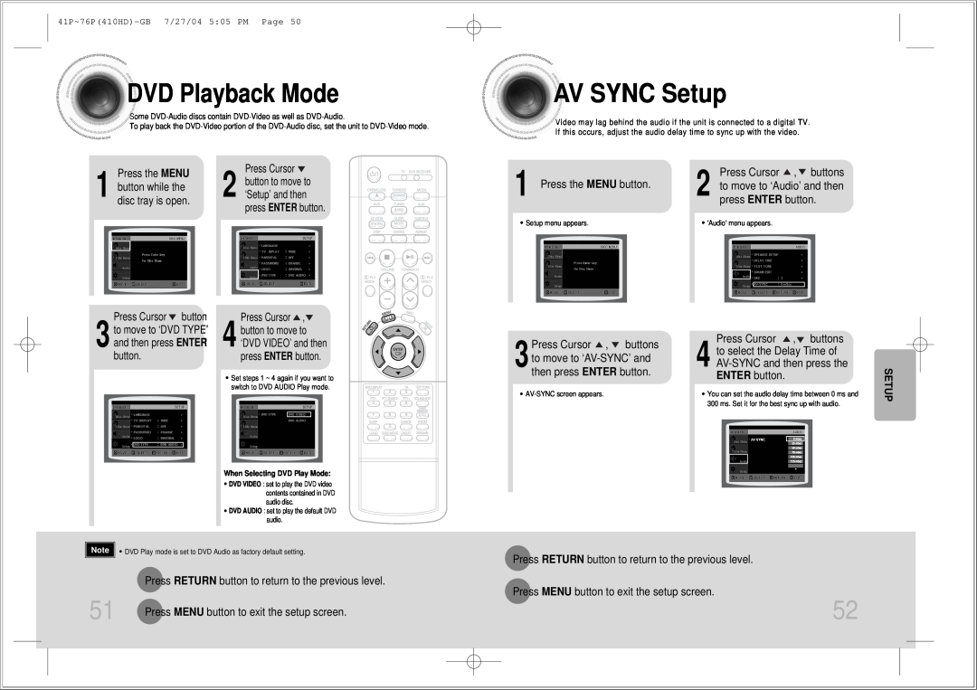 Samsung HT-410HD AV SYNC Setup, DVD Playback Mode, Press the MENU button, Press Cursor , buttons, press ENTER button 