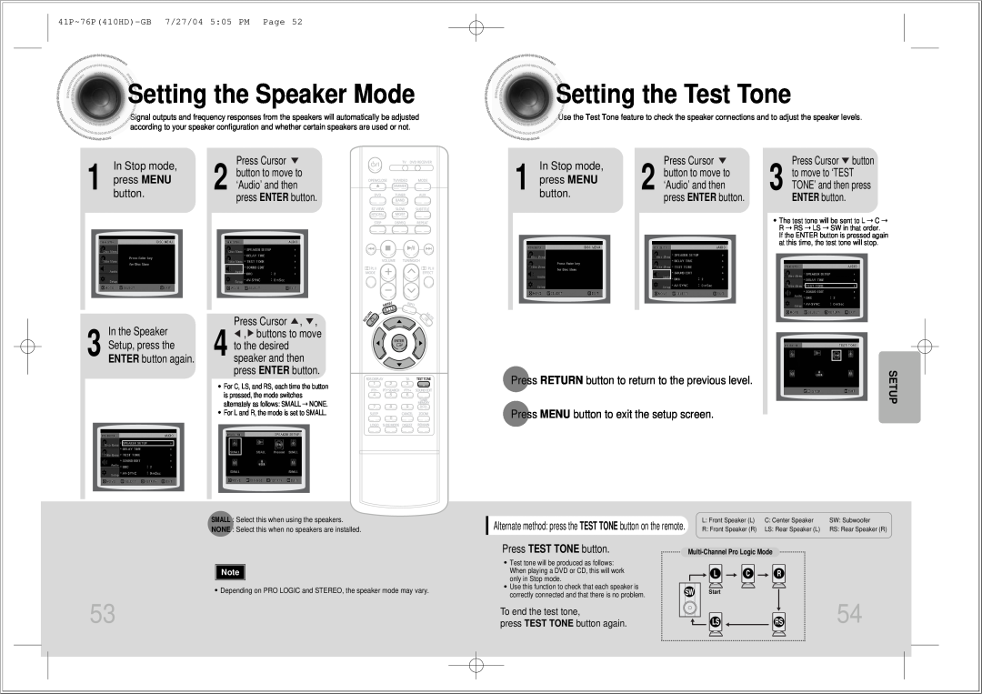 Samsung HT-410HD Setting the Speaker Mode, Setting the Test Tone, In Stop mode, press MENU button, press ENTER button 