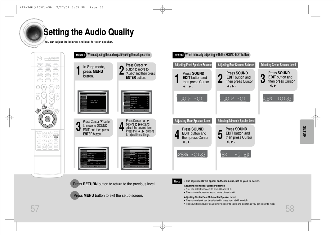 Samsung HT-410HD Setting the Audio Quality, Press SOUND 1 EDIT button and then press Cursor, ENTER button, In Stop mode 
