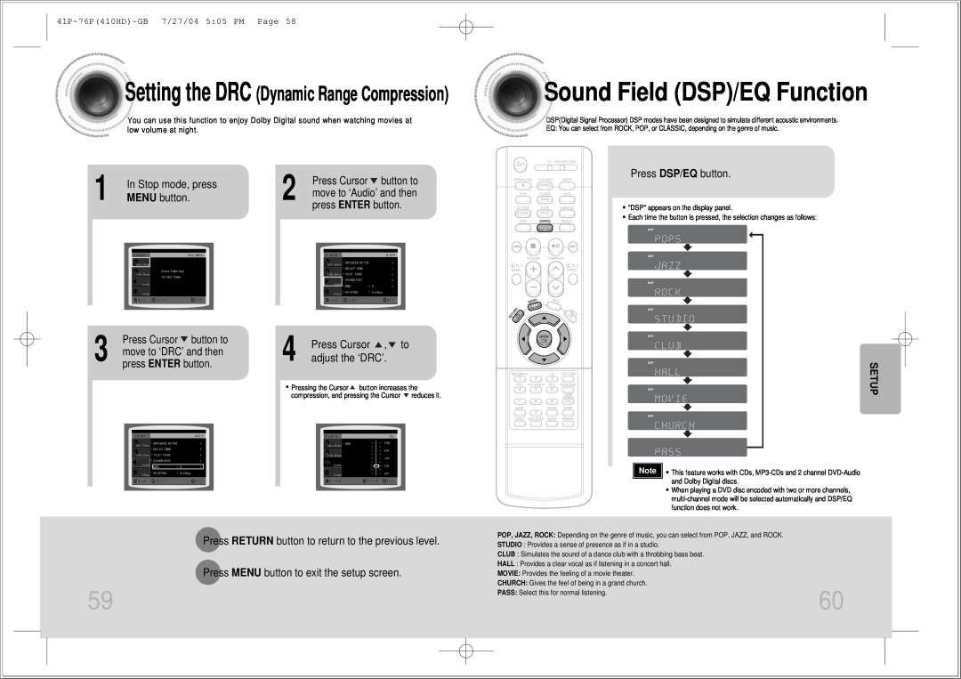 Samsung HT-410HD Sound Field DSP/EQ Function, Setting the DRC Dynamic Range Compression, Stop mode, press, MENU button 