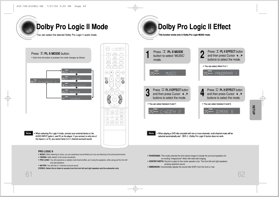 Samsung HT-410HD Dolby Pro Logic II Mode, Dolby Pro Logic II Effect, Press PL II MODE button, Pl Ii Mode, mode, Setup 