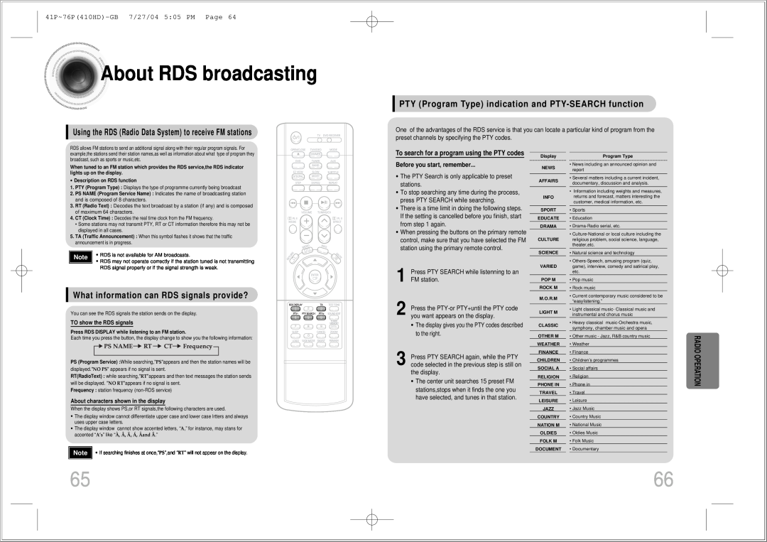 Samsung HT-410HD instruction manual About RDS broadcasting, What information can RDS signals provide?, Radio Operation 