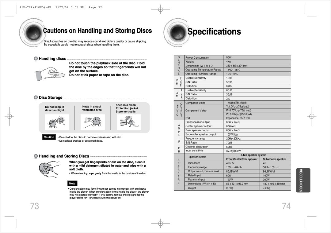 Samsung HT-410HD Specifications, Cautions on Handling and Storing Discs, Handling discs, Disc Storage, Do not keep in 