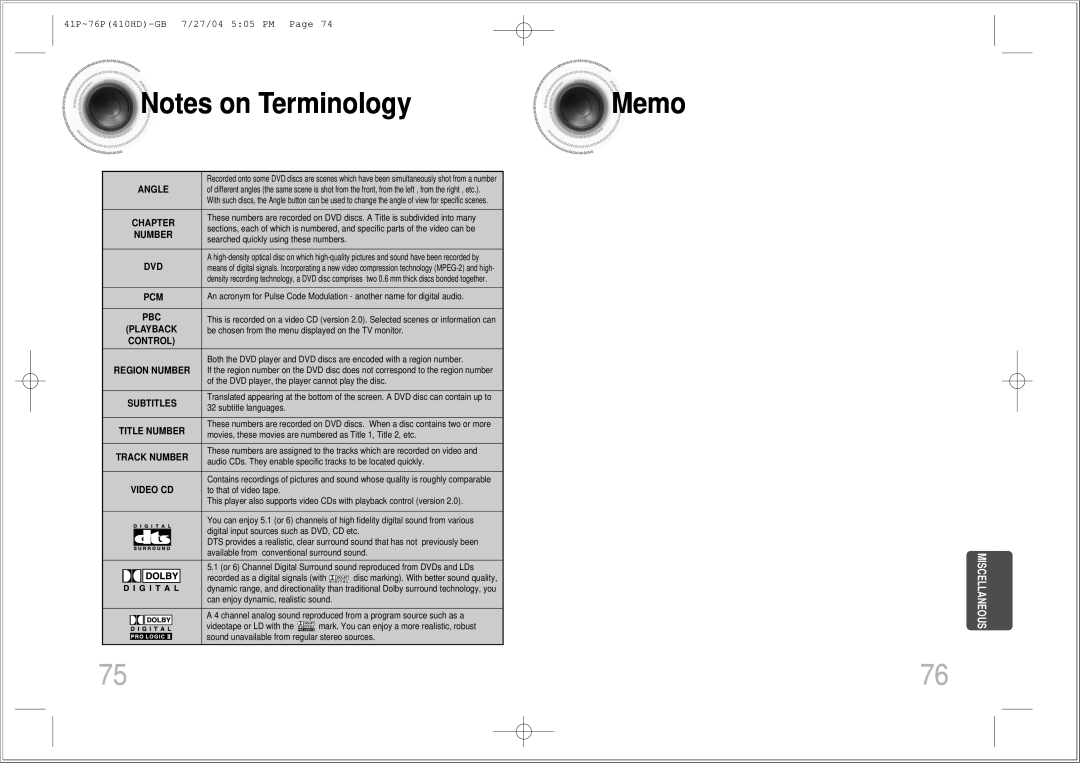 Samsung HT-410HD Notes on Terminology, Angle, Chapter, Playback, Control, Subtitles, Track Number, Video Cd, Memo 