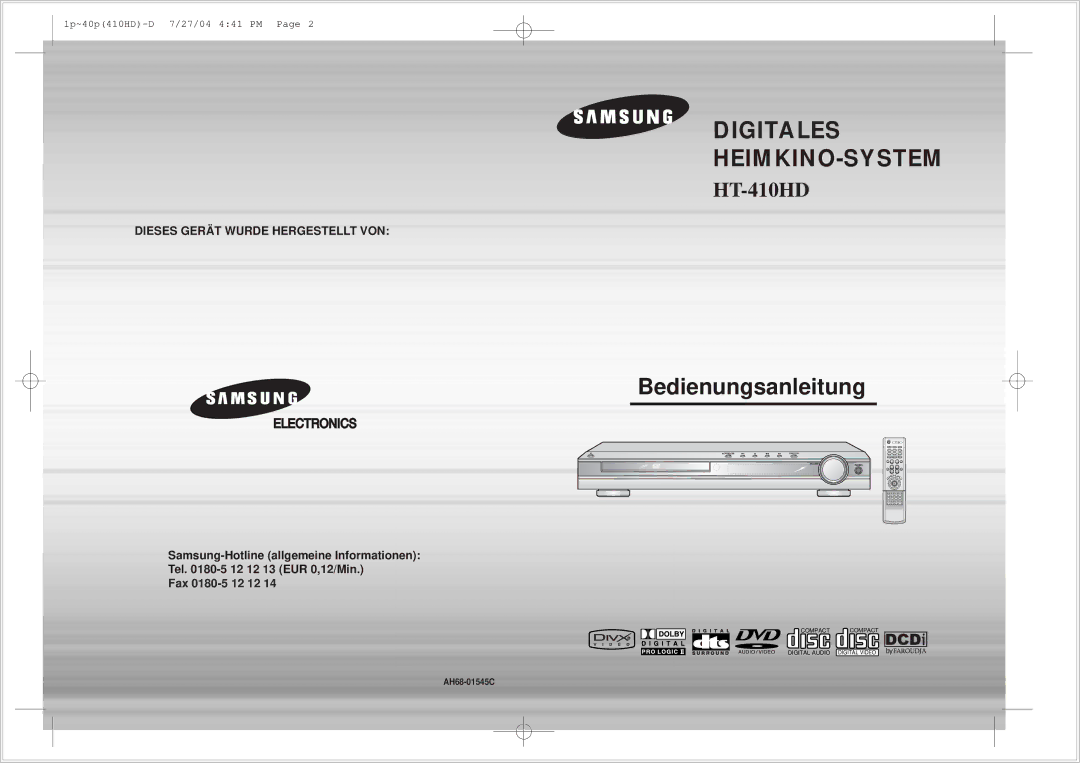 Samsung HT-410HDRH/ELS manual Digitales HEIMKINO-SYSTEM 