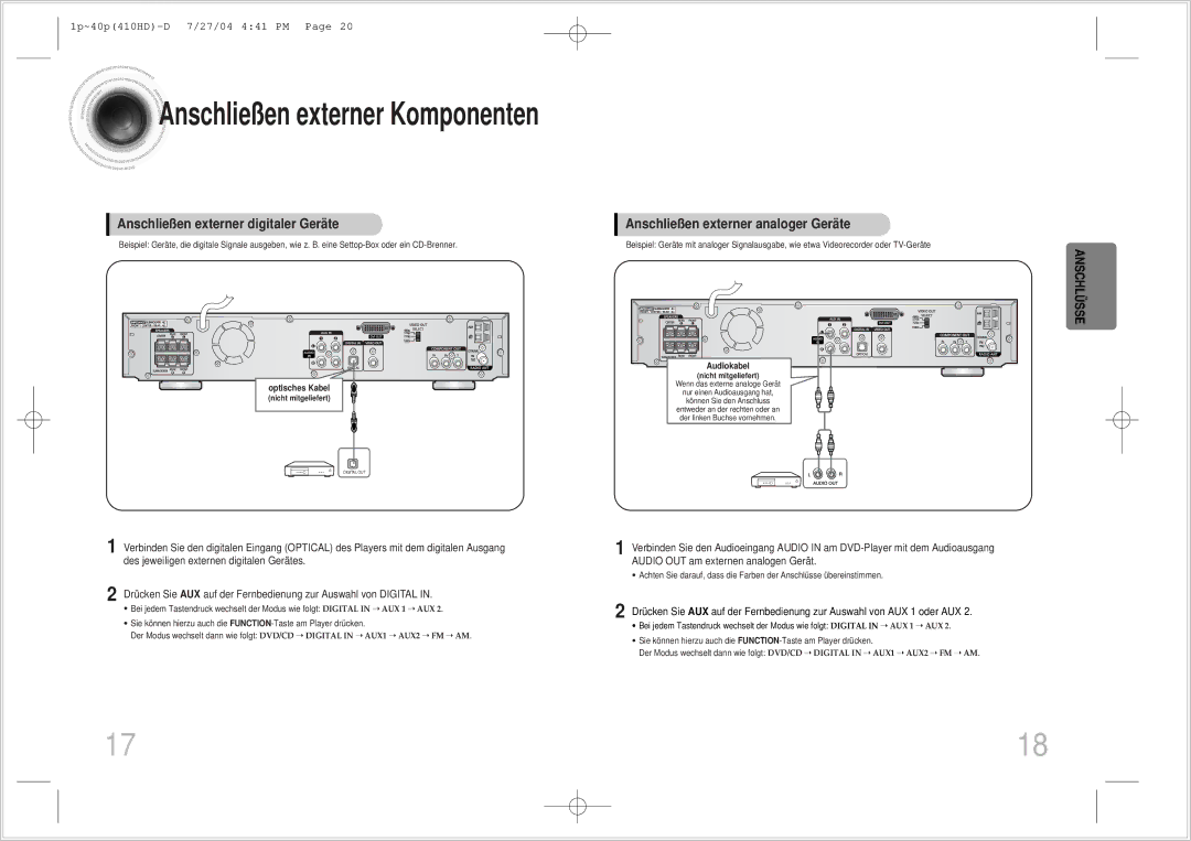 Samsung HT-410HDRH/ELS manual Anschließen externer Komponenten 