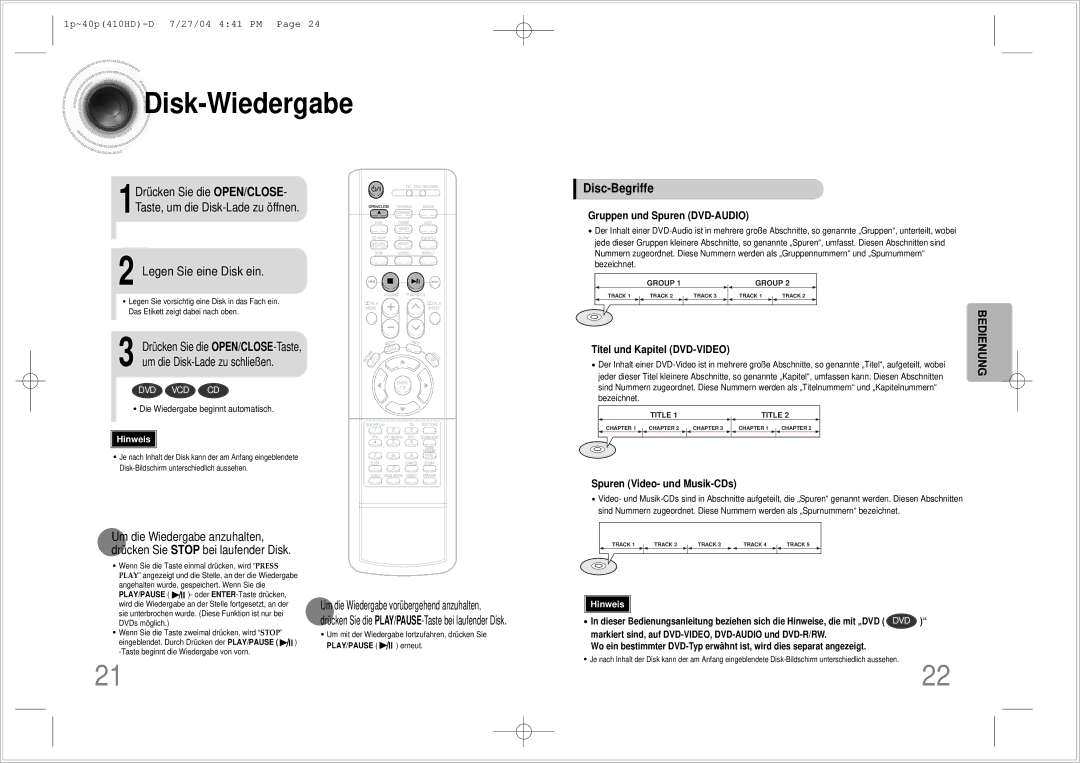 Samsung HT-410HDRH/ELS manual Disk -Wiedergabe, Legen Sie eine Disk ein, Disc-Begriffe 