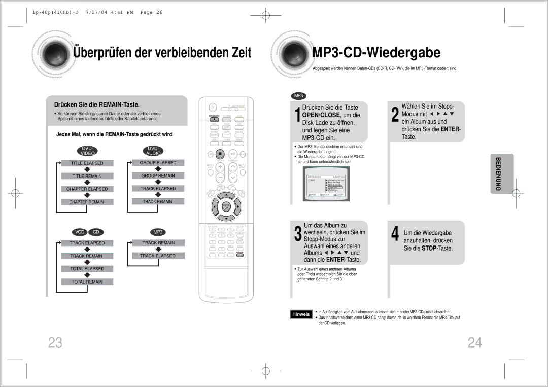 Samsung HT-410HDRH/ELS manual MP3 -CD-Wiedergabe, Drücken Sie die REMAIN-Taste, Drücken Sie die Taste 