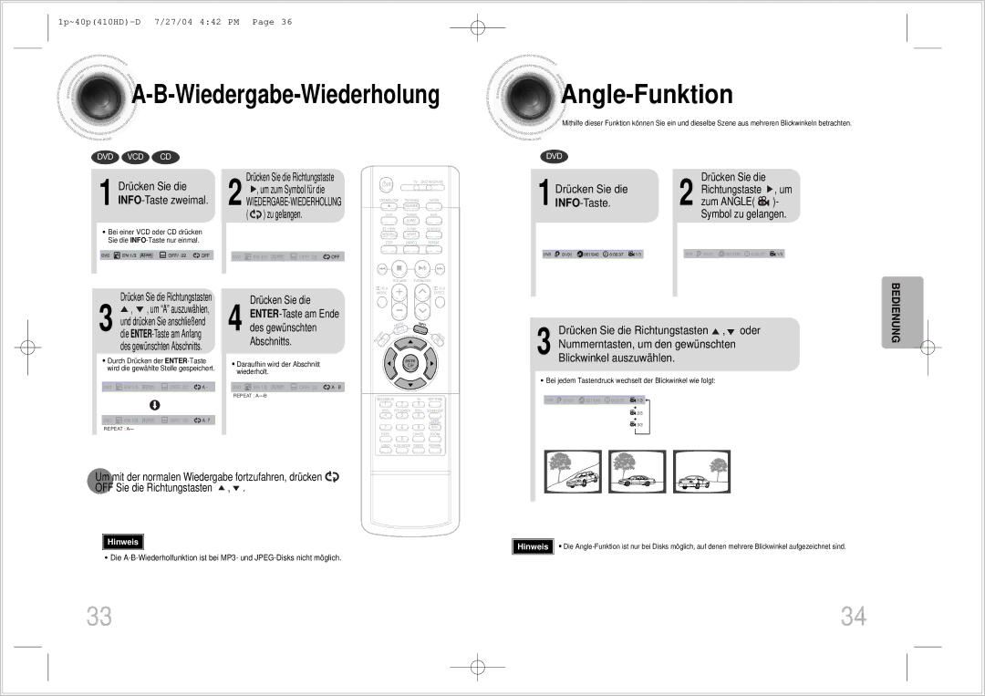 Samsung HT-410HDRH/ELS manual Angle -Funktion, INFO-Taste, Drücken Sie die Richtungstasten , oder 