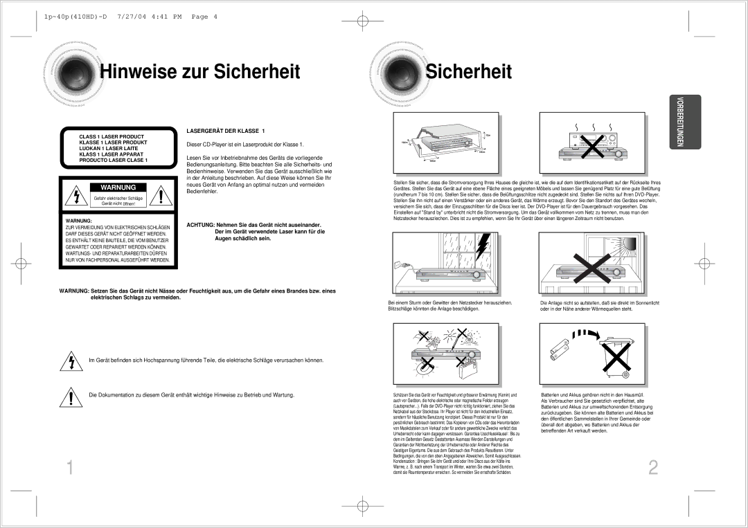 Samsung HT-410HDRH/ELS manual Hinweise zur Sicherheit, Warnung 