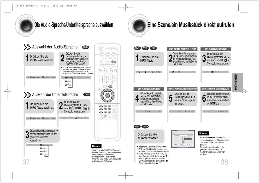 Samsung HT-410HDRH/ELS manual 1Drücken Sie die INFO-Taste, Nummerntasten, INFO-Taste zweimal 