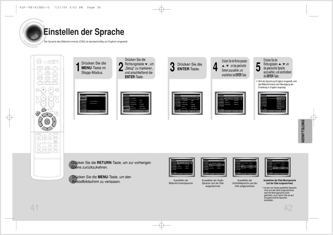 Samsung HT-410HDRH/ELS manual MENU-Taste im, Stopp-Modus, Drücken Sie die ENTER-Taste 