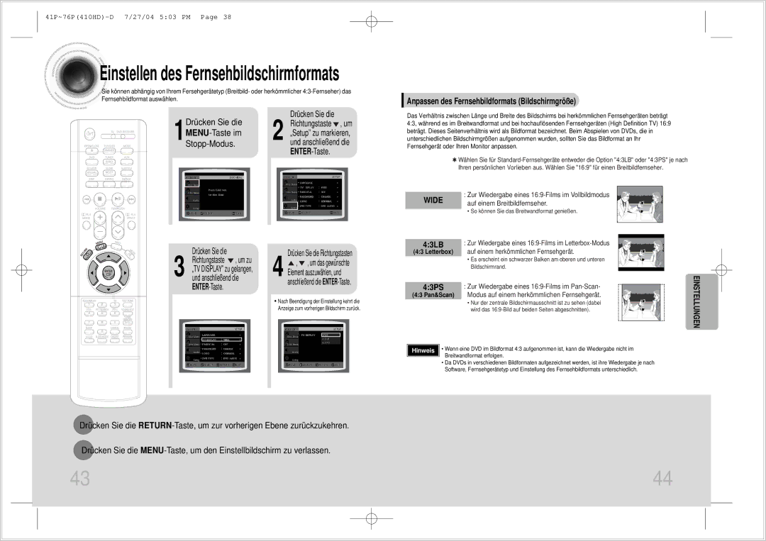 Samsung HT-410HDRH/ELS manual 1Stopp-Modus, Anpassen des Fernsehbildformats Bildschirmgröße, Letterbox, 43 Pan&Scan 