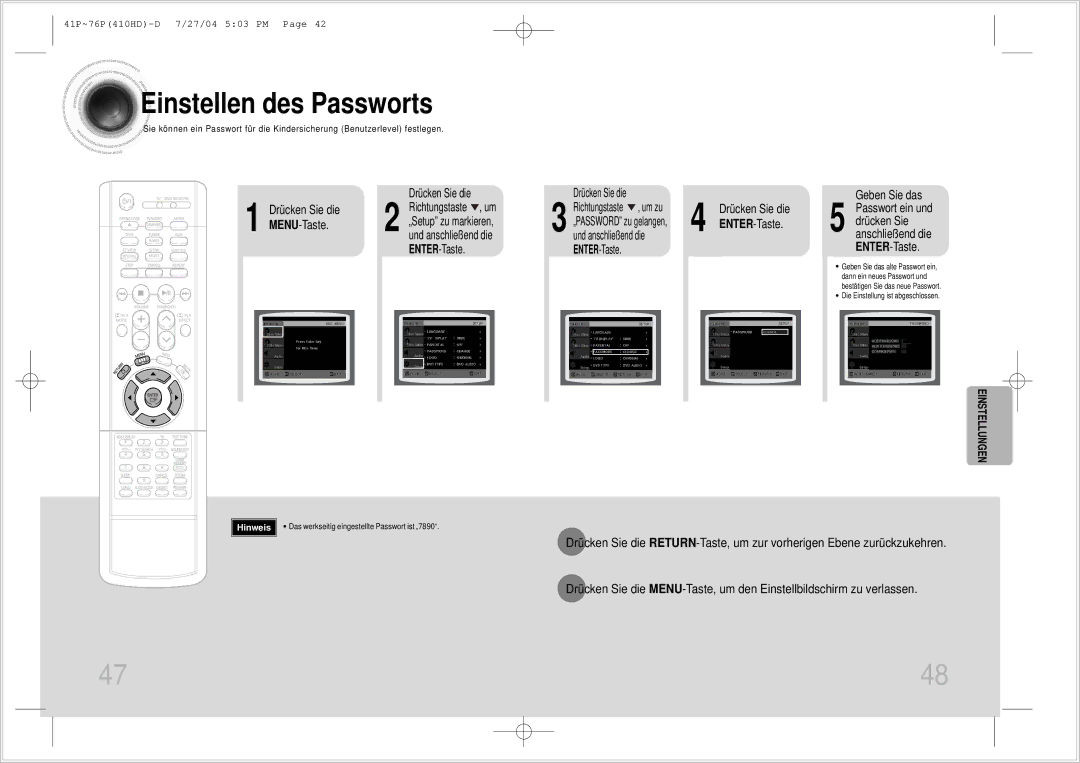 Samsung HT-410HDRH/ELS manual MENU-Taste, Das werkseitig eingestellte Passwort ist „7890 