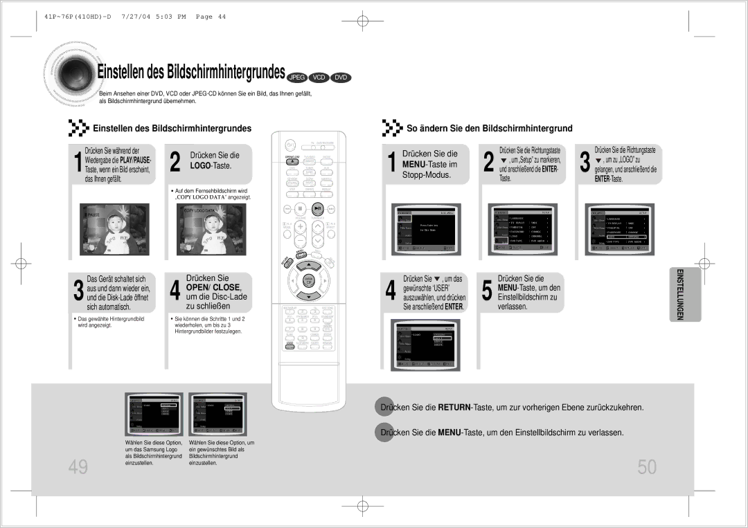 Samsung HT-410HDRH/ELS manual Drücken Sie die LOGO-Taste, Auf dem Fernsehbildschirm wird „COPY Logo Data angezeigt 