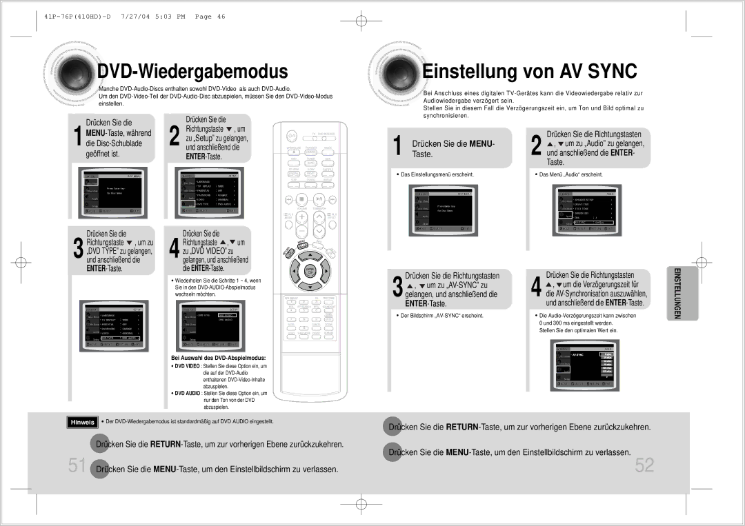 Samsung HT-410HDRH/ELS manual Einstellung von AV Sync, DrückenTaste. Sie die Menu, Bei Auswahl des DVD-Abspielmodus 