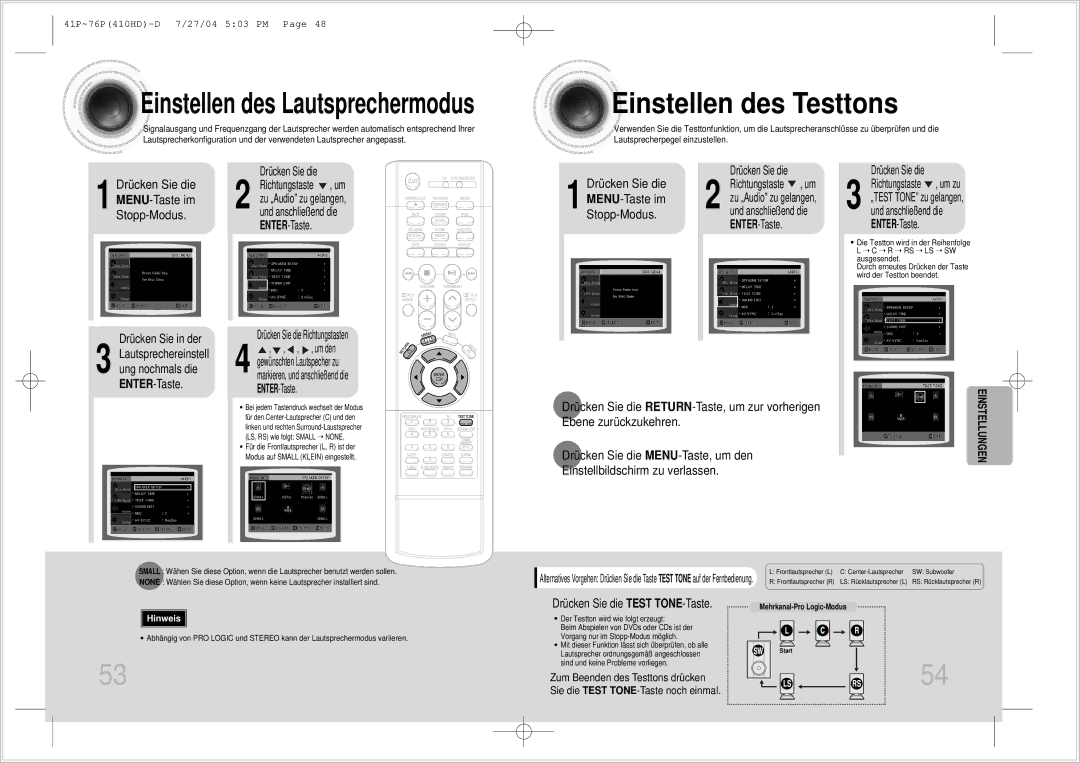 Samsung HT-410HDRH/ELS manual Einstellen des Testtons, Drücken Sie die Test TONE-Taste, Zu „Audio zu gelangen 